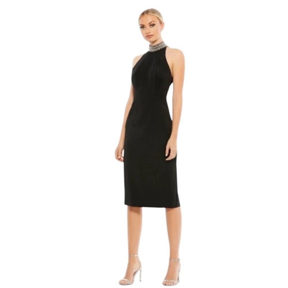 Mac Duggal Size 14 NEW Black Open Back Jeweled Halter Midi Cocktail Dress 26682